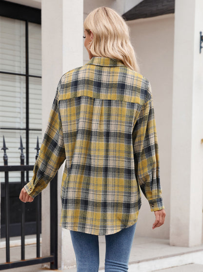 Pocketed Plaid Collared Neck Long Sleeve Shirt