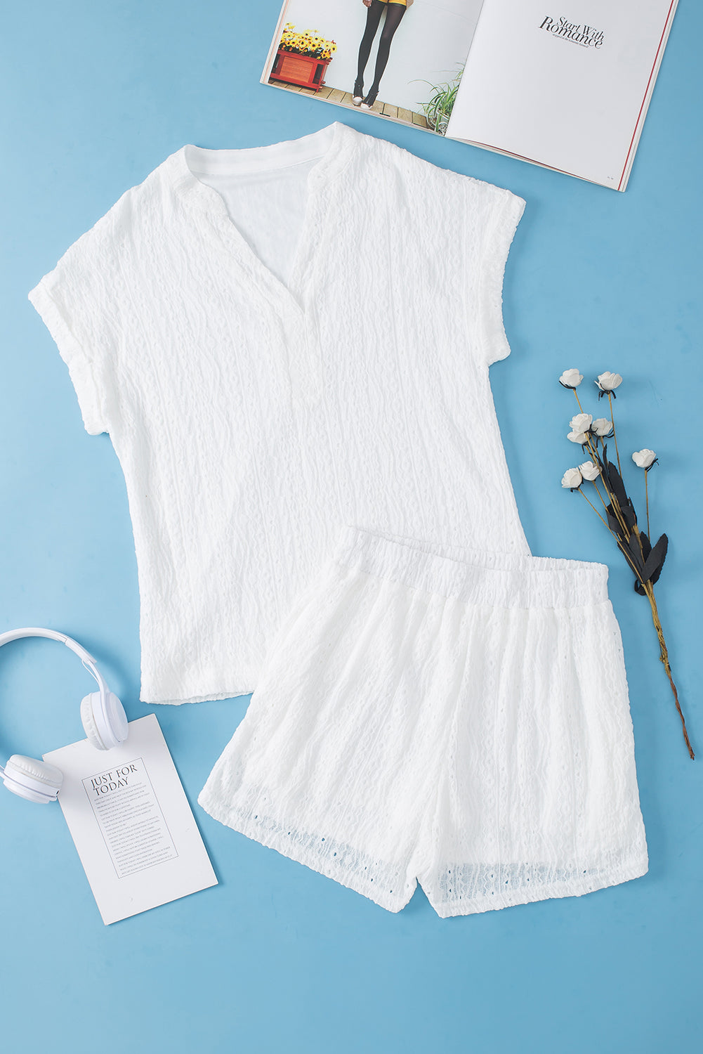 Notched Short Sleeve Top and Shorts Set