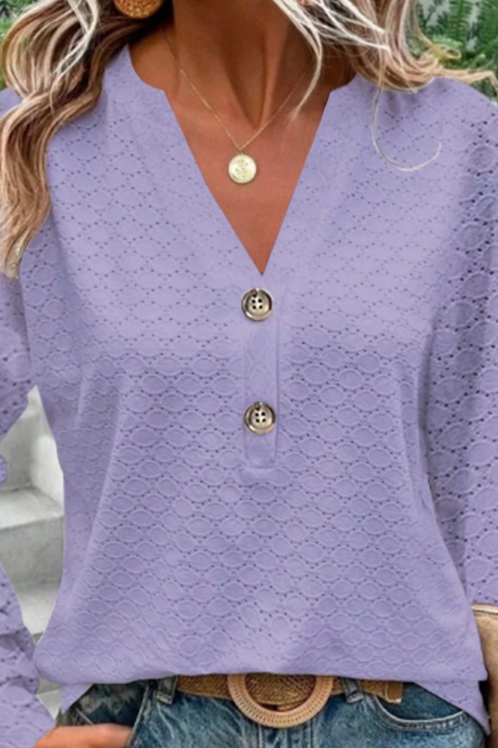 Eyelet Notched Long Sleeve T-Shirt