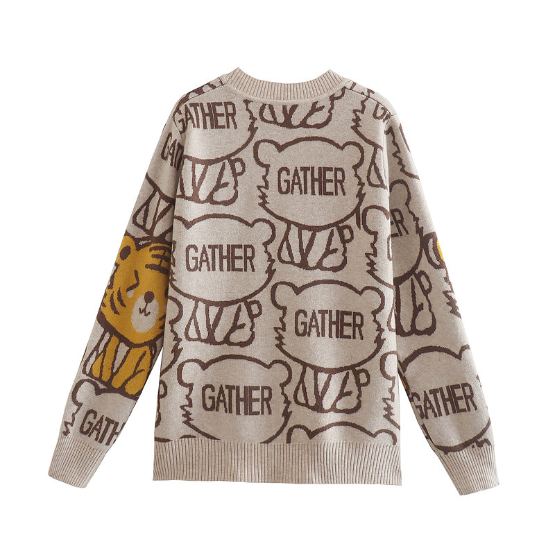 Cartoon Tiger Knitted Cardigan V neck Sweater