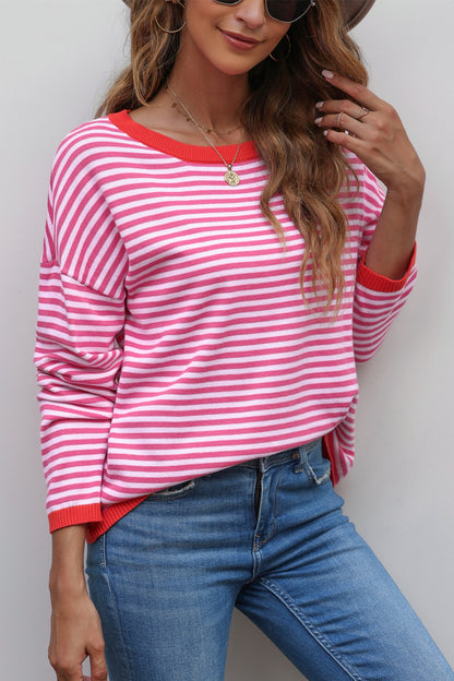 Striped Round Neck Drop Shoulder T-Shirt