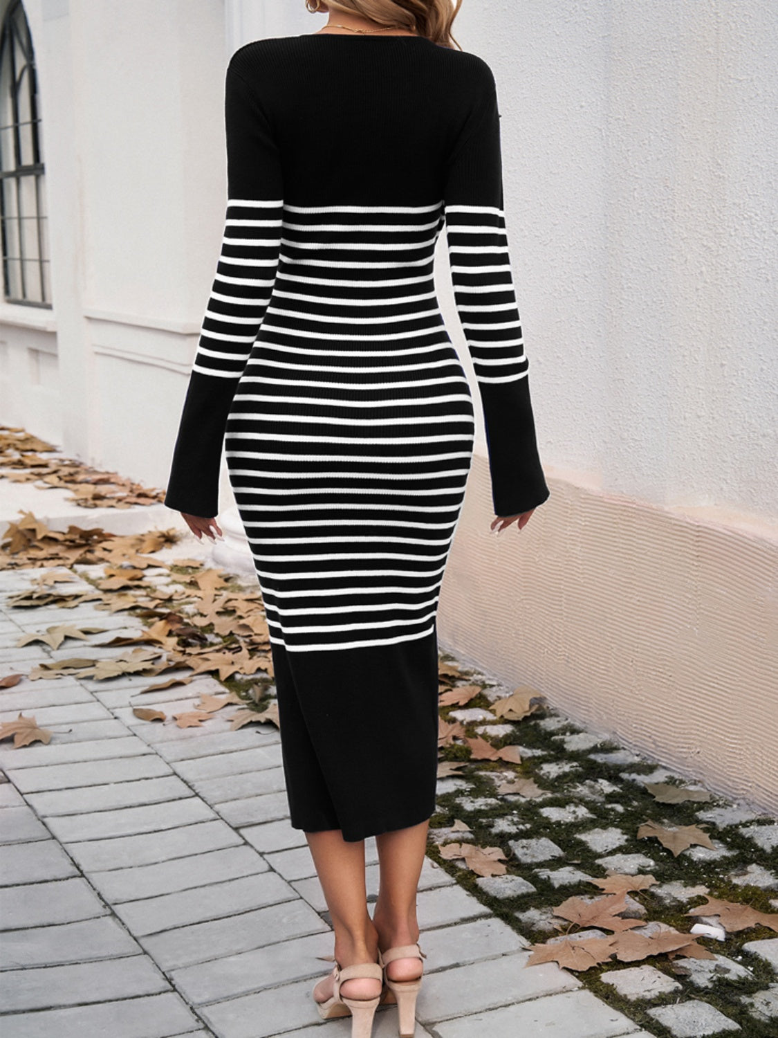 Striped V-Neck Long Sleeve Sweater Dress - Chic & Cozy Fashion Essential