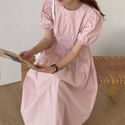 Pleated Slimming Puff Sleeve Kikyou Dress