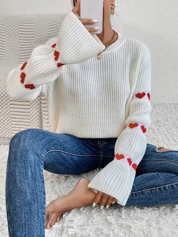 Solid Color Heart Jacquard Pullover Sweater