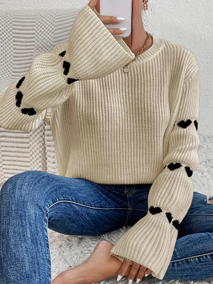 Solid Color Heart Jacquard Pullover Sweater