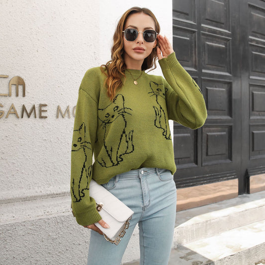 Cat Brocade Long Sleeve Sweater