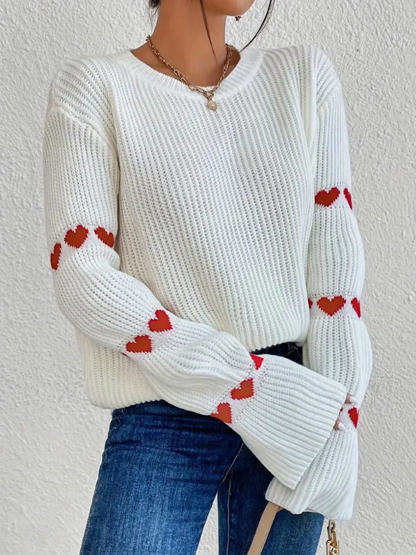 Solid Color Heart Jacquard Pullover Sweater