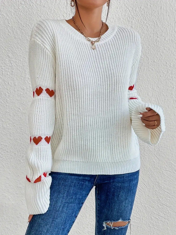 Solid Color Heart Jacquard Pullover Sweater