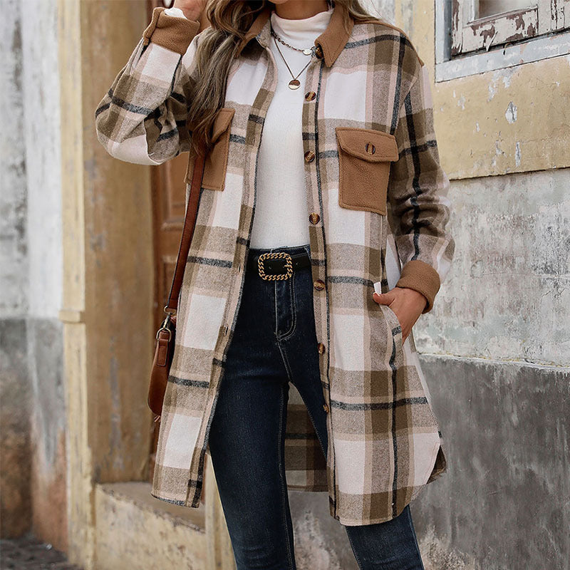 Womens Brushed Plaid Long Coat