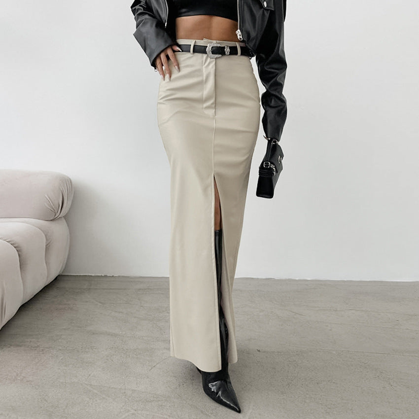 Fleece Lined Matte Leather High Waist Slit Straight Skirt