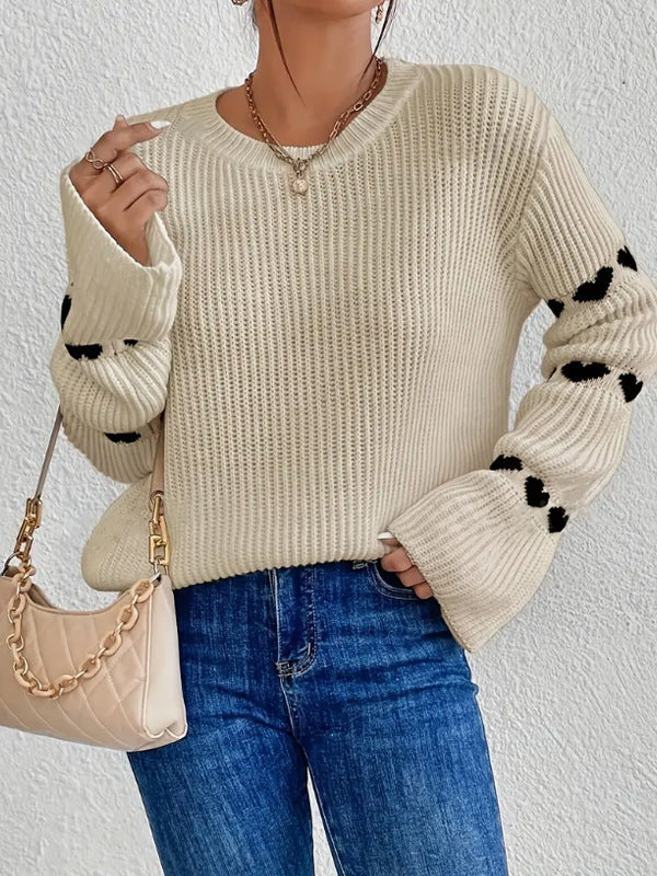 Solid Color Heart Jacquard Pullover Sweater