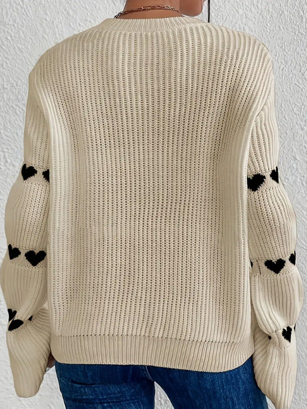 Solid Color Heart Jacquard Pullover Sweater