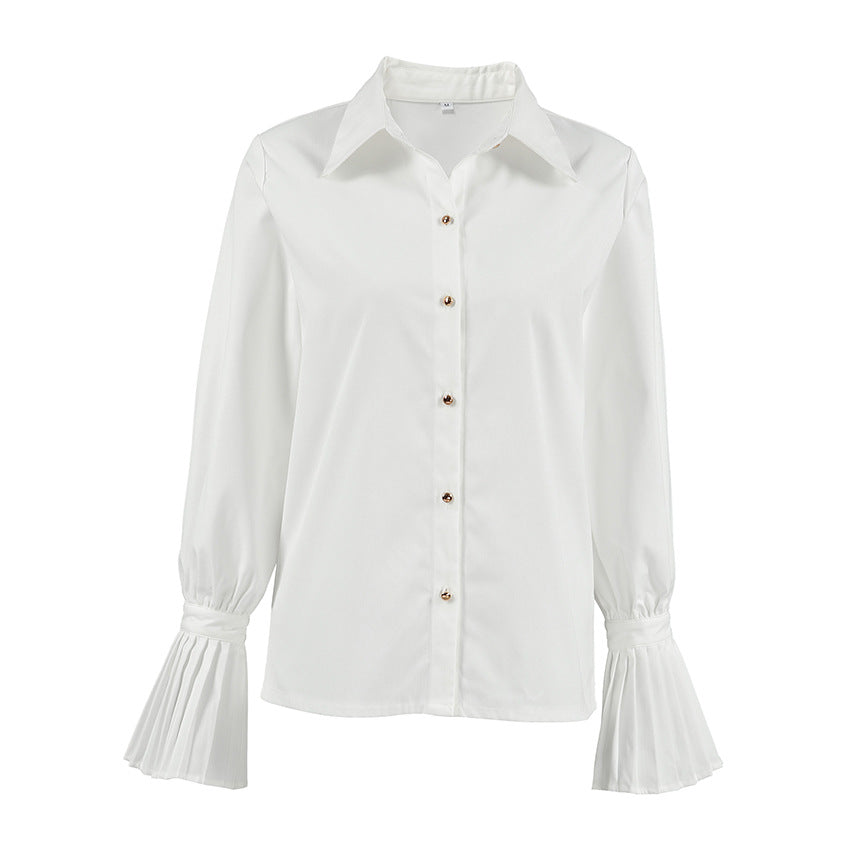 White slim-fit collared shirt with elegant bell sleeves. Perfect for a polished office look!