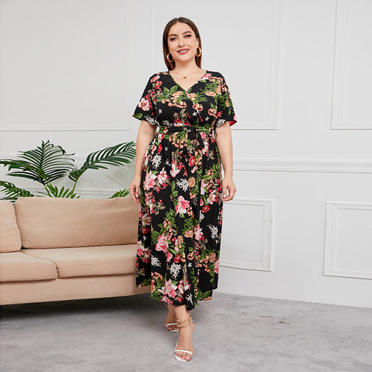 Plus SIze High Waist V-neck Midi Dress