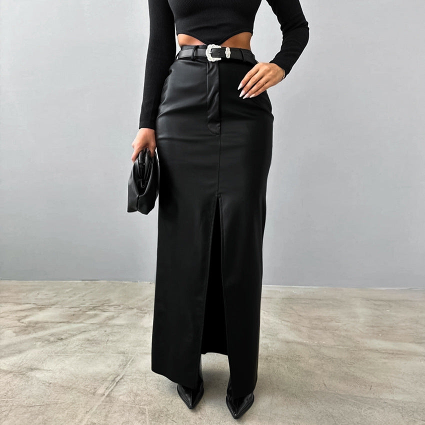 Fleece Lined Matte Leather High Waist Slit Straight Skirt