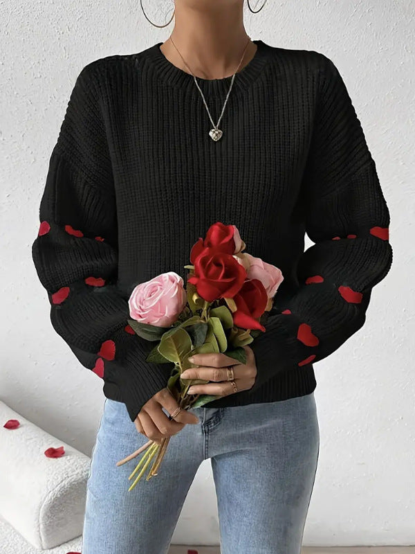 Solid Color Heart Jacquard Pullover Sweater