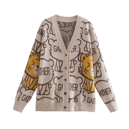 Cartoon Tiger Knitted Cardigan V neck Sweater