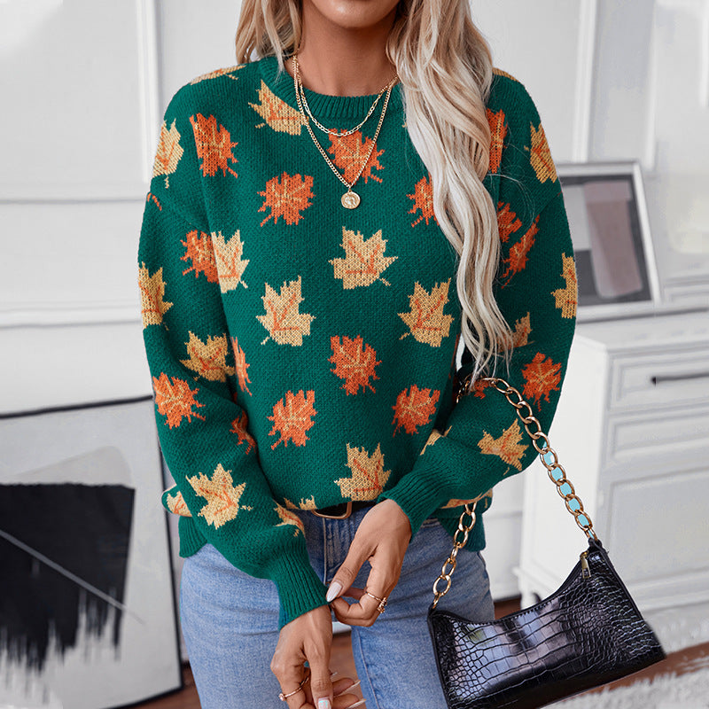 Maple Leaf Pattern Jacquard Pullover Sweater