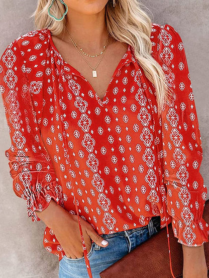 Printed Tie Neck Long Sleeve Blouse