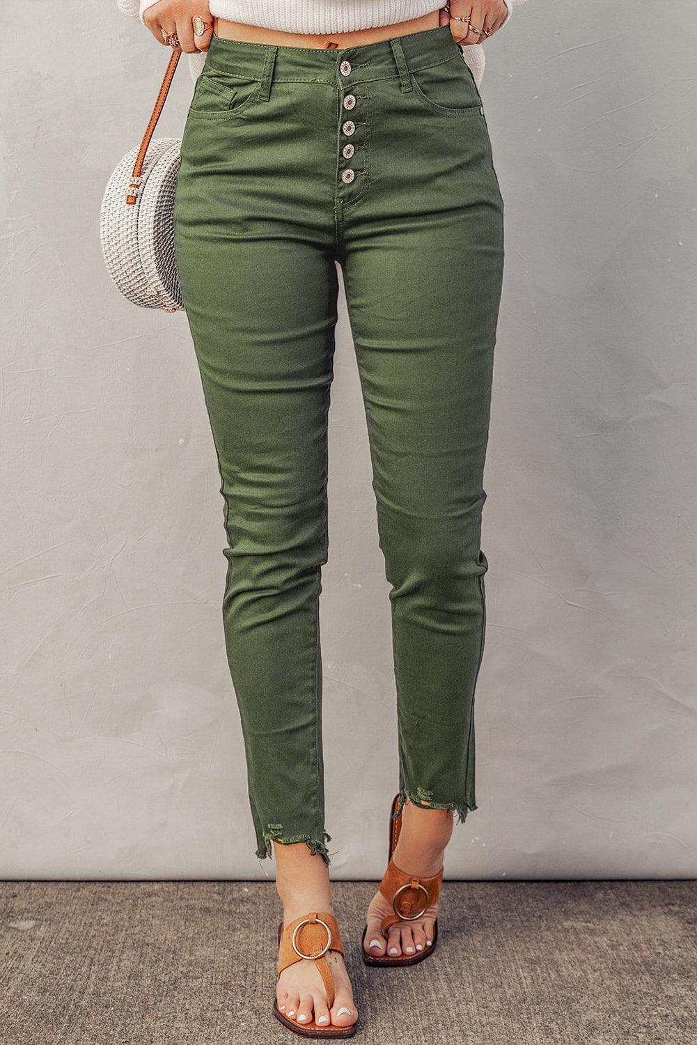 Button Fly Hem Detail Skinny Jeans - SteelBlue