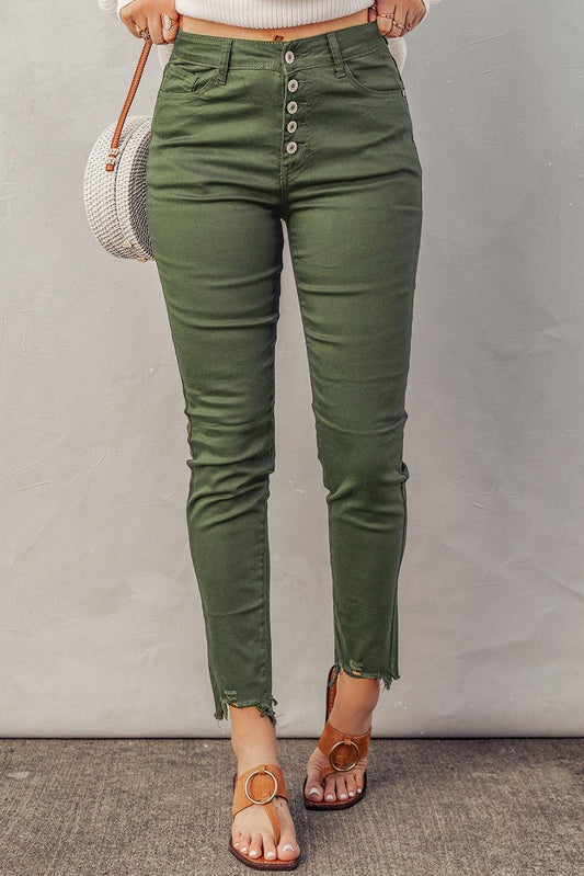 Button Fly Hem Detail Skinny Jeans - SteelBlue