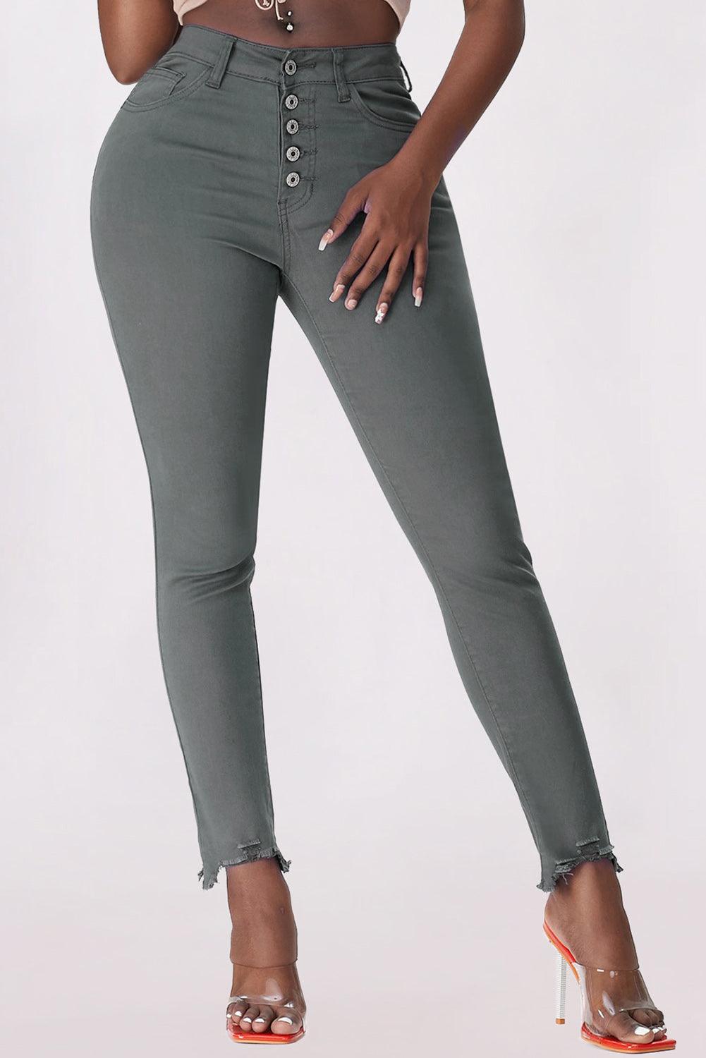 Button Fly Hem Detail Skinny Jeans - SteelBlue