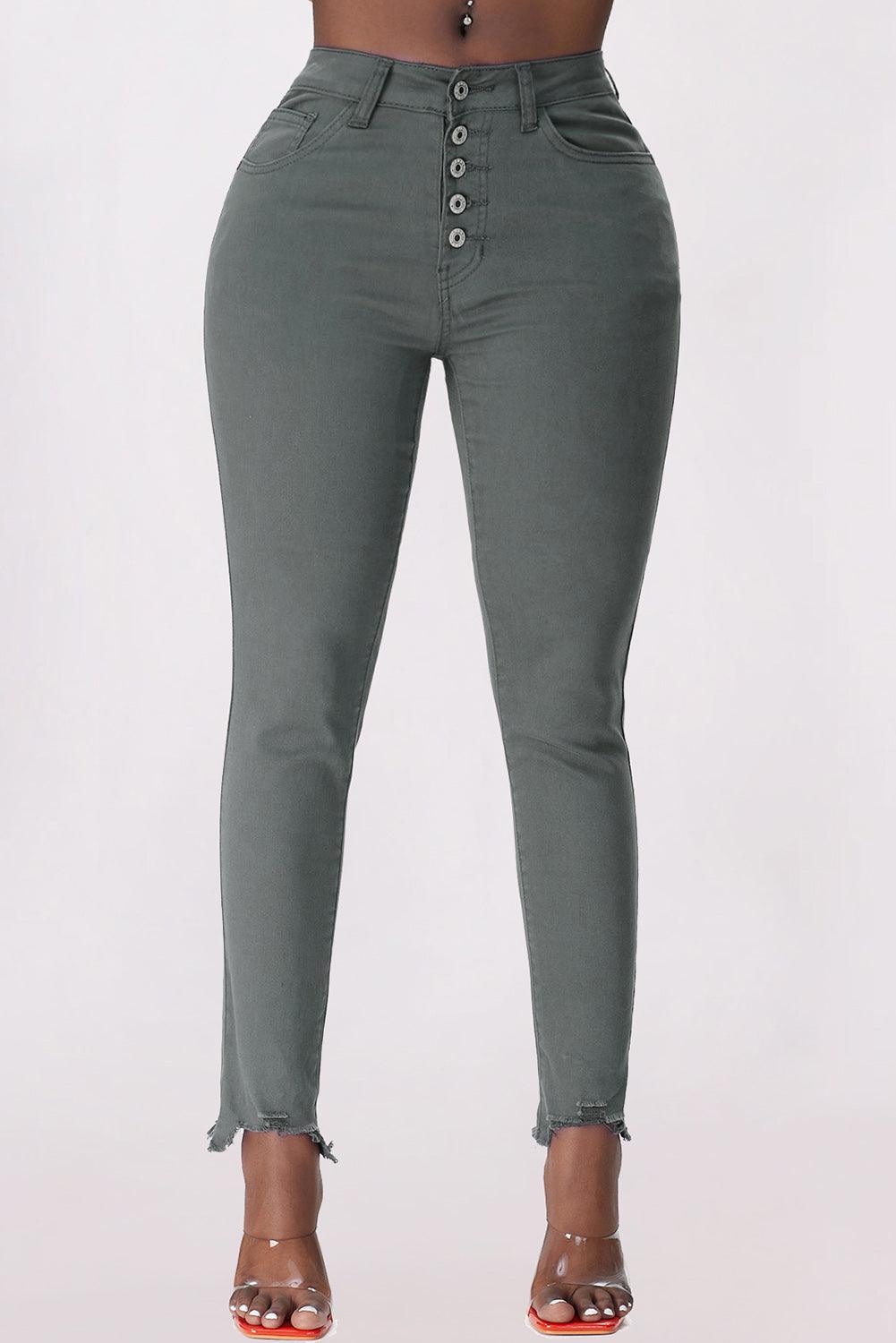 Button Fly Hem Detail Skinny Jeans - SteelBlue