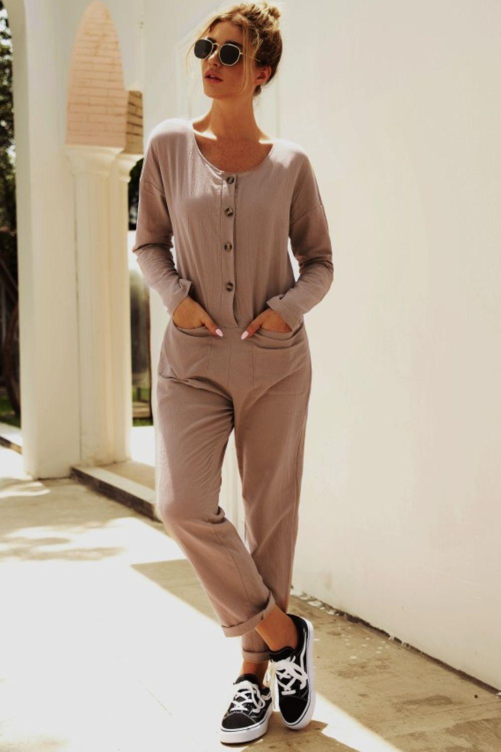 Buttoned Drop Shoulder Pocket Jumpsuit - SteelBlue