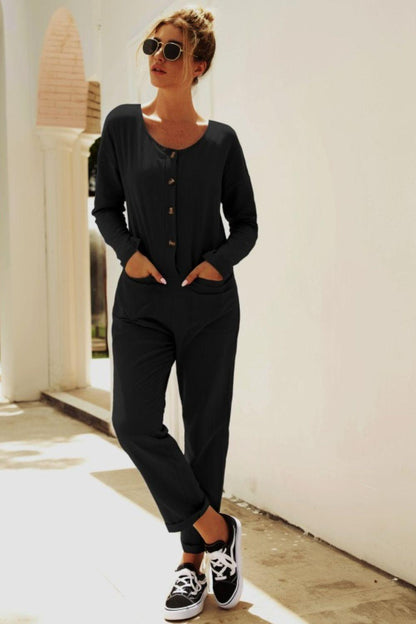 Buttoned Drop Shoulder Pocket Jumpsuit - SteelBlue