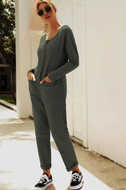 Buttoned Drop Shoulder Pocket Jumpsuit - SteelBlue