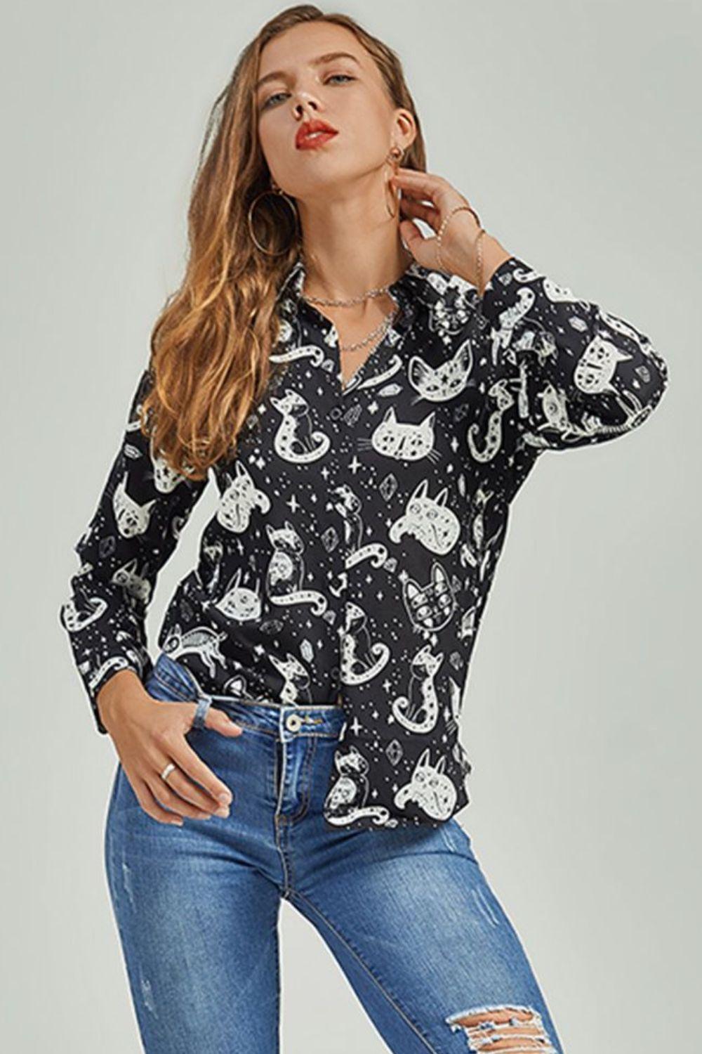 Cat Print Button-Up Shirt - SteelBlue