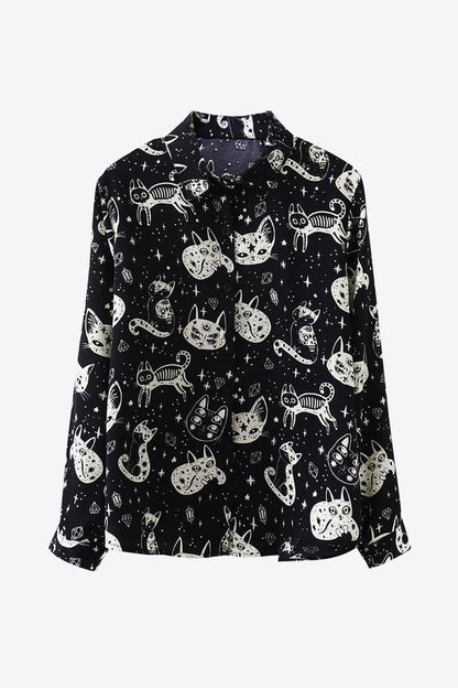 Cat Print Button-Up Shirt - SteelBlue