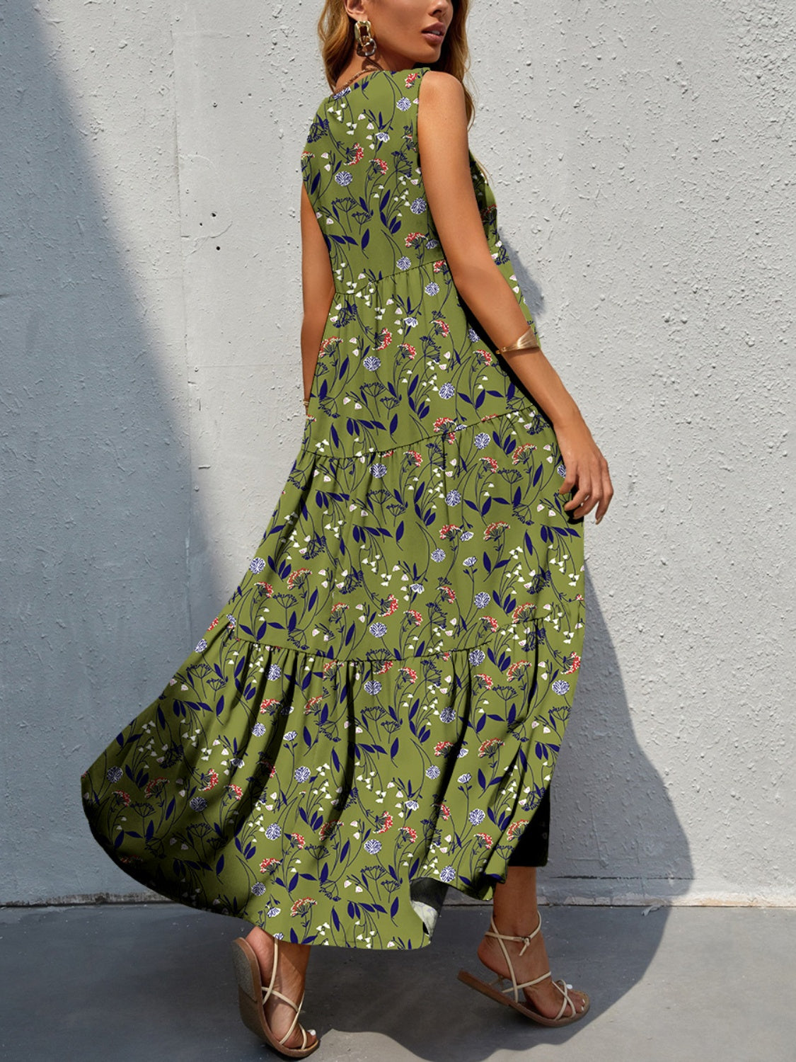 Tiered Printed V-Neck Sleeveless Dress