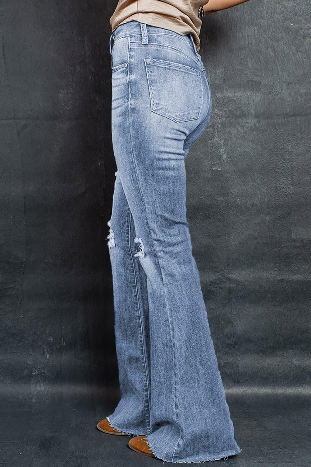 Distressed Raw Hem Flare Jeans - SteelBlue