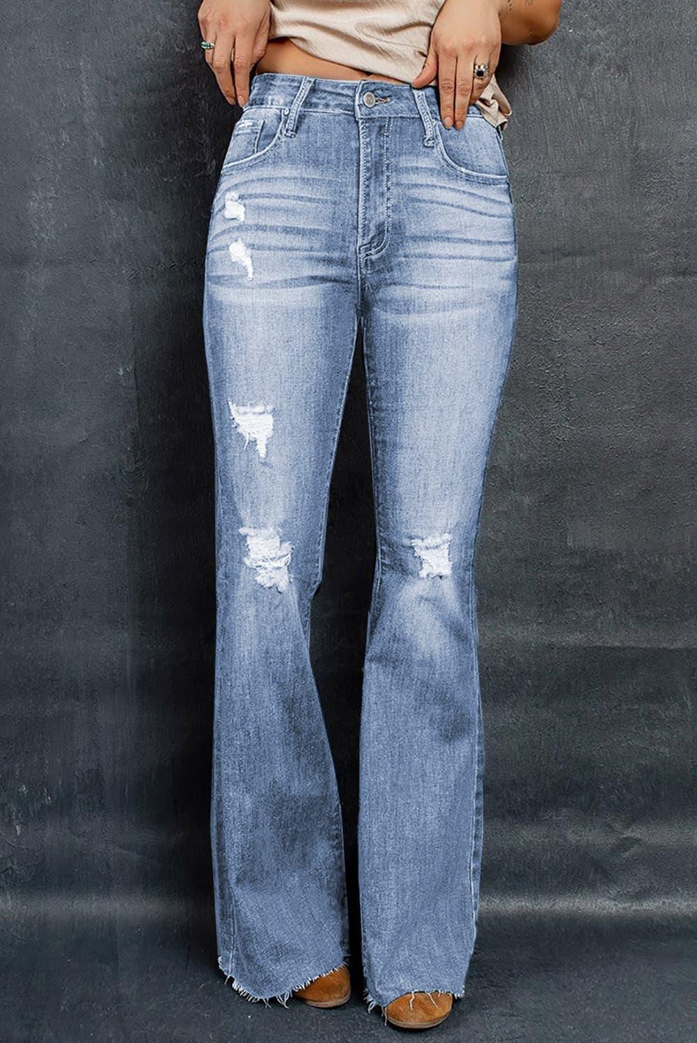 Distressed Raw Hem Flare Jeans - SteelBlue