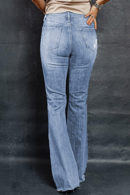 Distressed Raw Hem Flare Jeans - SteelBlue