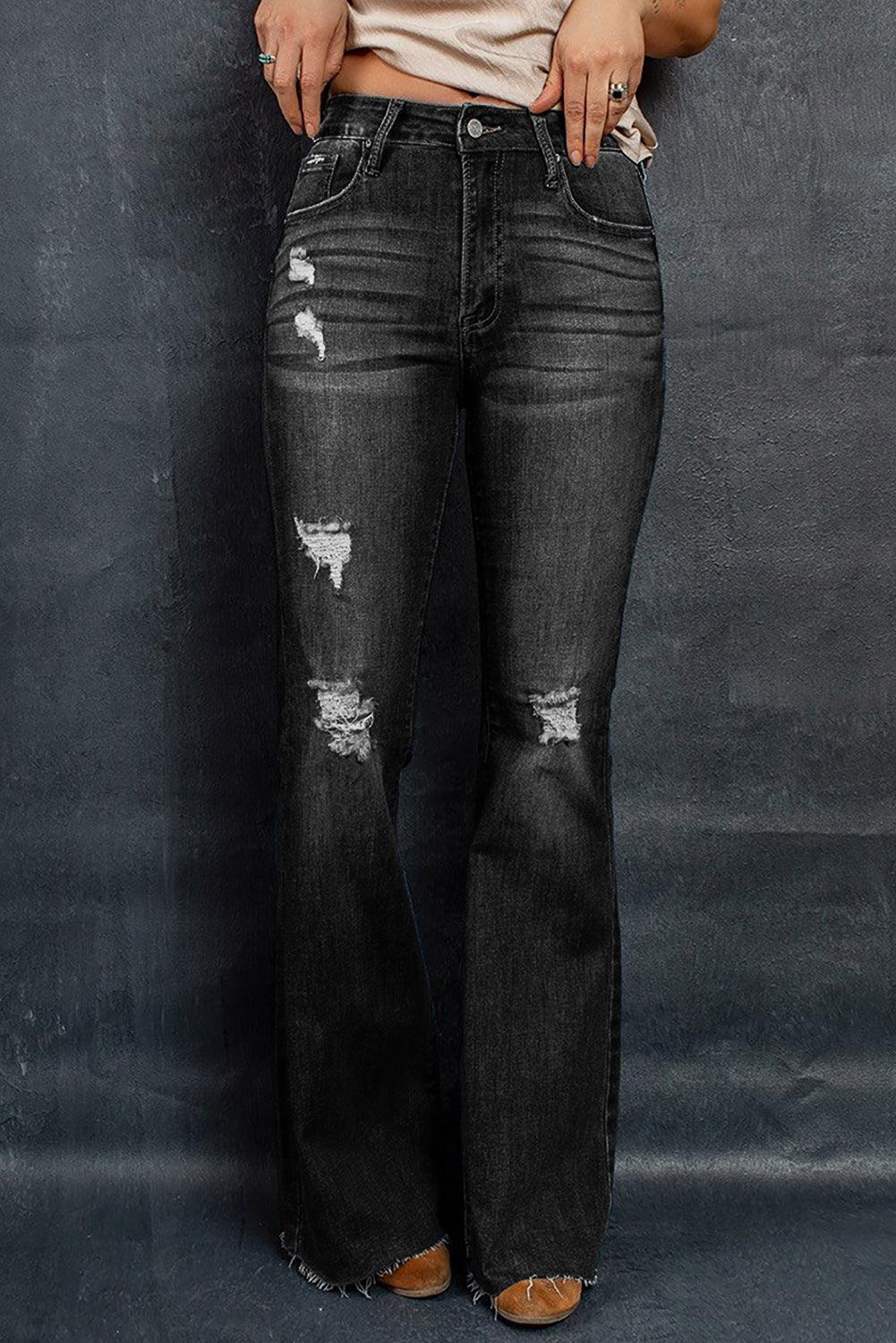 Distressed Raw Hem Flare Jeans - SteelBlue