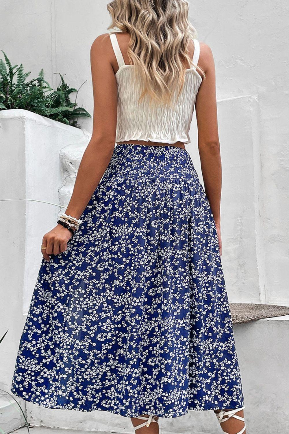 Ditsy Floral Slit High Waist Skirt - SteelBlue