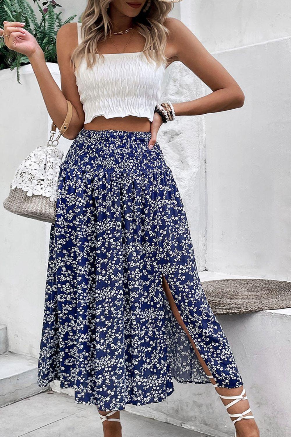 Ditsy Floral Slit High Waist Skirt - SteelBlue