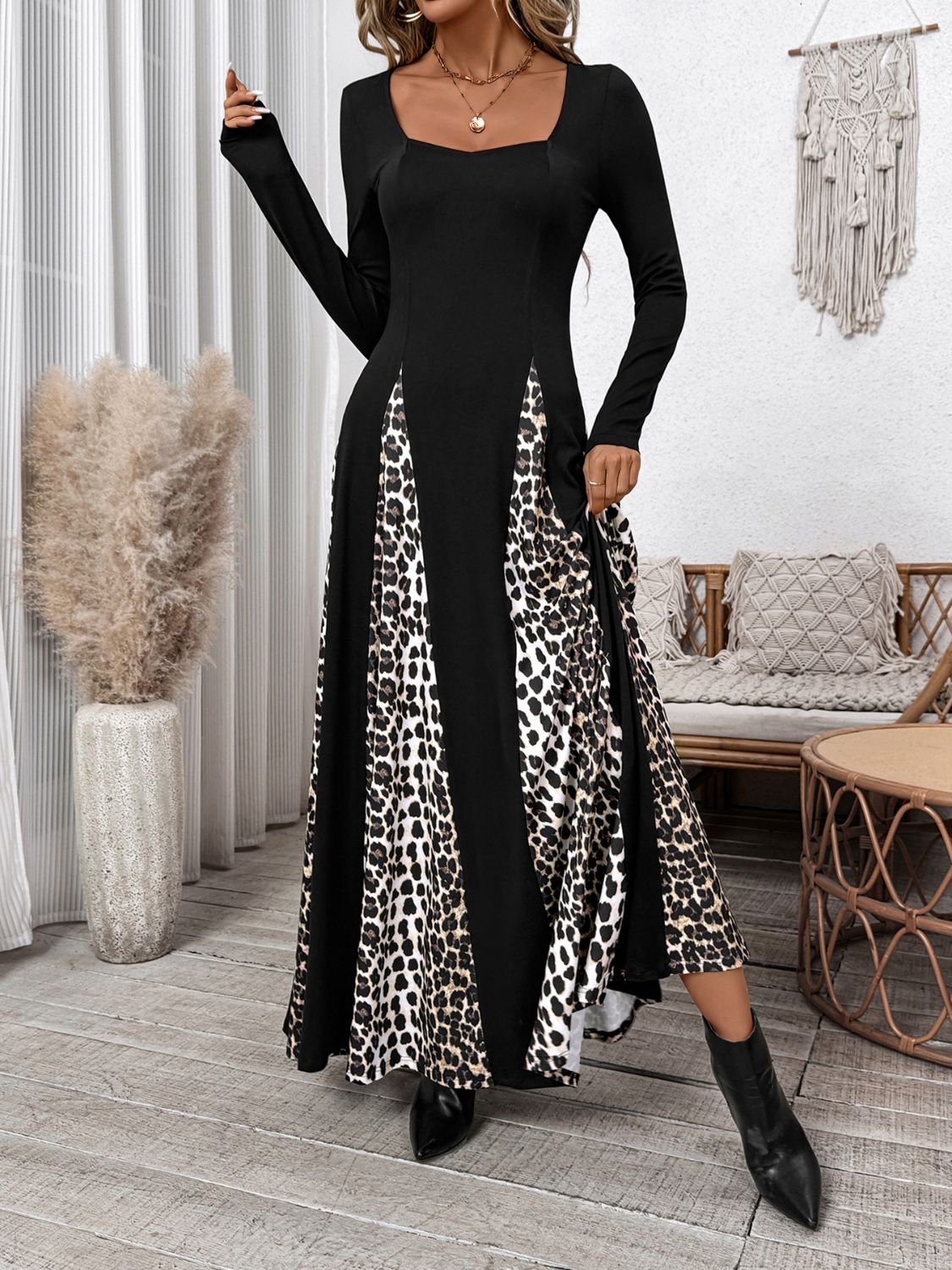 Leopard Square Neck Long Sleeve Maxi Dress