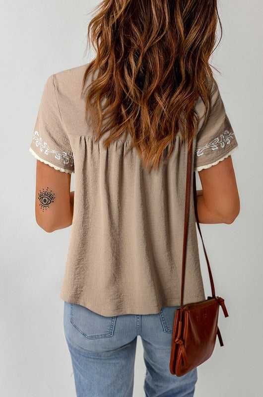 Embroidered Round Neck Short Sleeve Blouse - SteelBlue