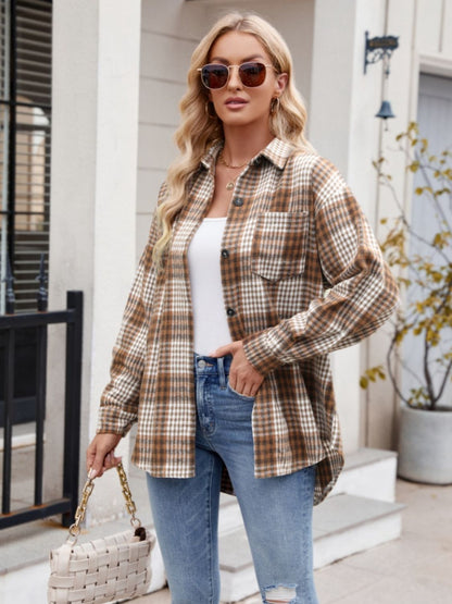 Pocketed Plaid Collared Neck Long Sleeve Shirt