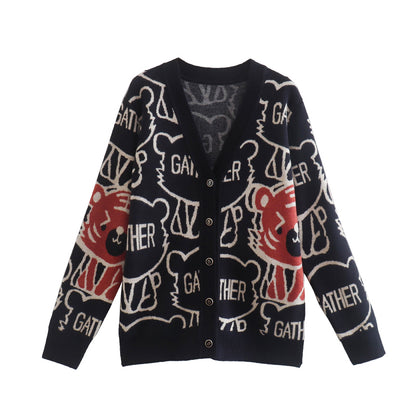 Cartoon Tiger Knitted Cardigan V neck Sweater