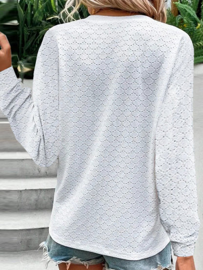 Eyelet Notched Long Sleeve T-Shirt