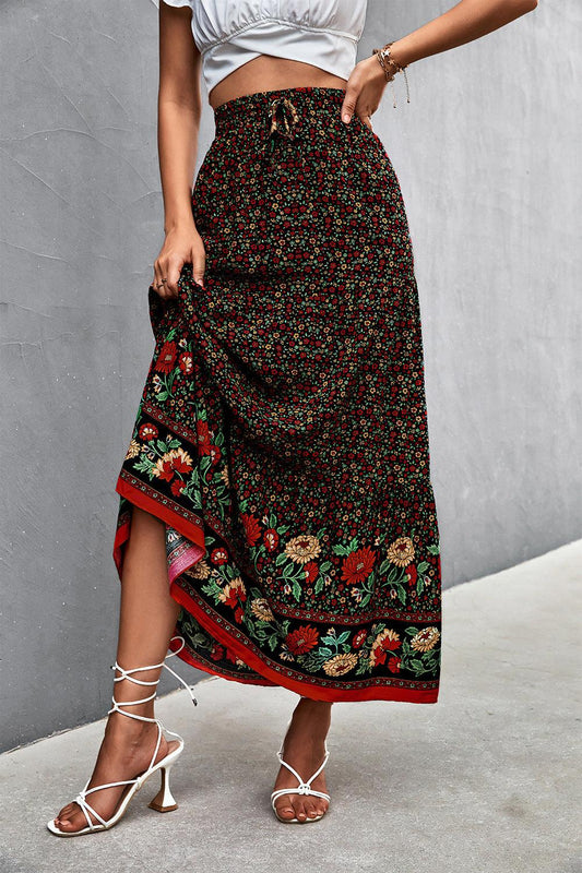 Floral Tied Maxi Skirt - SteelBlue