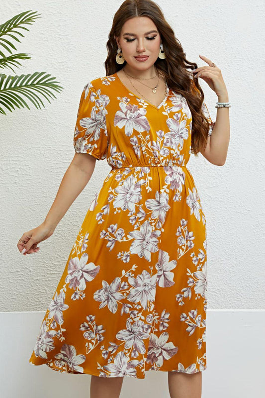 Floral V-Neck Puff Sleeve Dress - SteelBlue