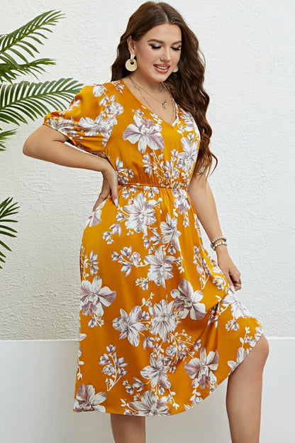 Floral V-Neck Puff Sleeve Dress - SteelBlue