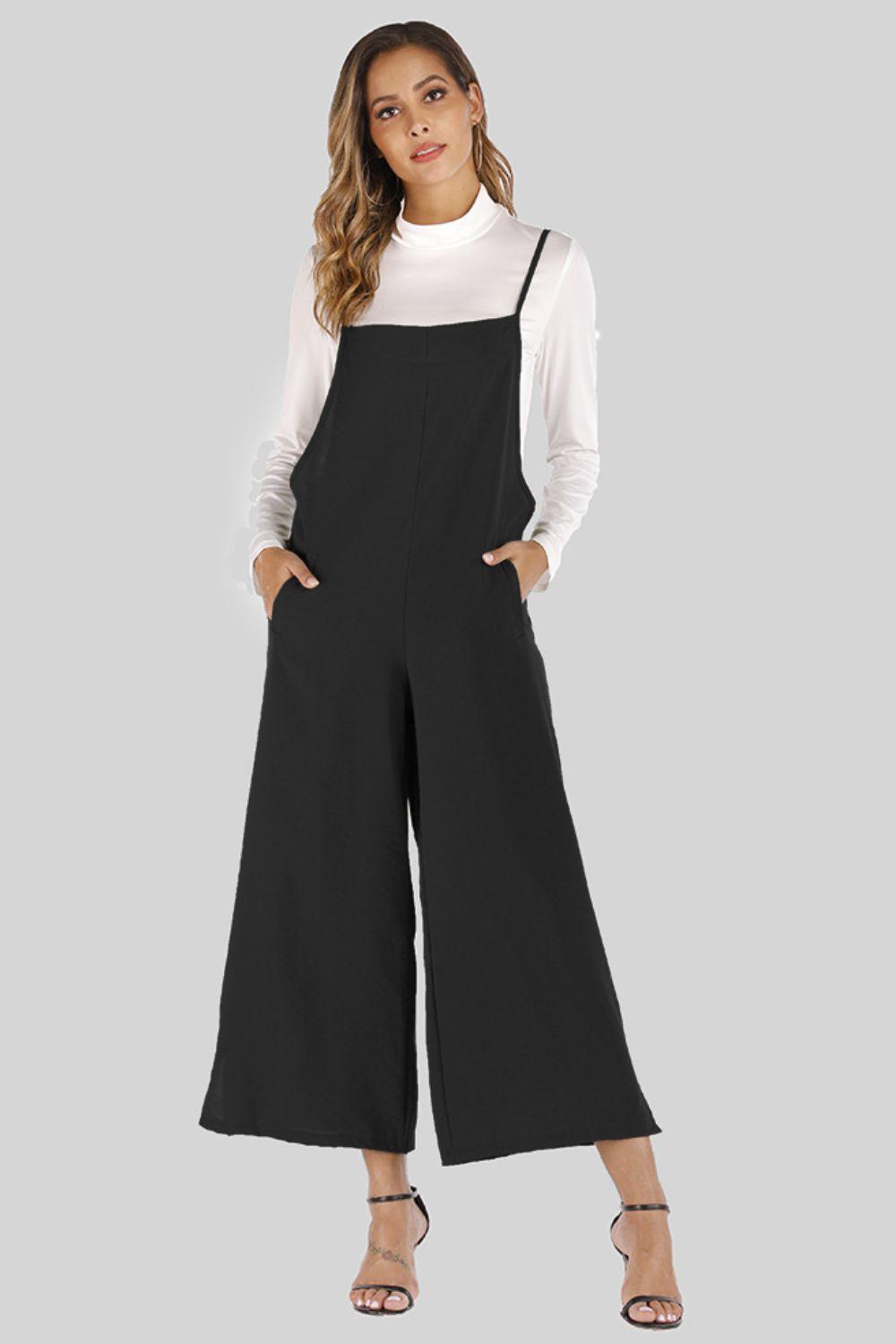 Full Size Cropped Wide Leg Overalls with Pockets - SteelBlue