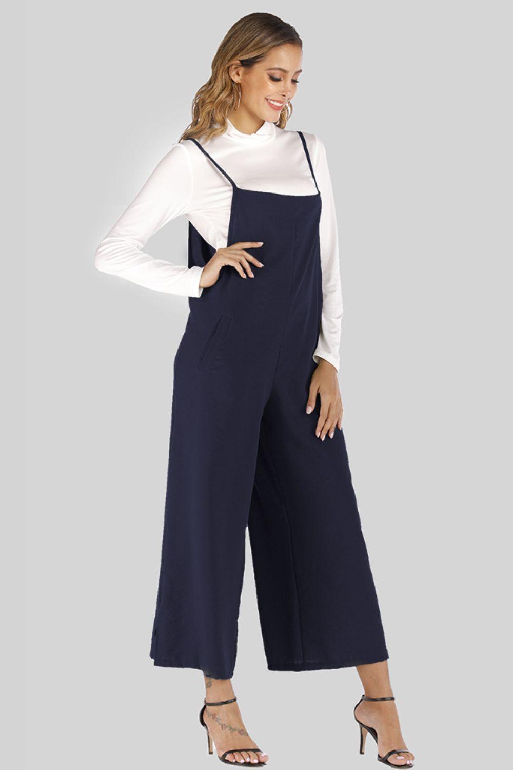 Full Size Cropped Wide Leg Overalls with Pockets - SteelBlue