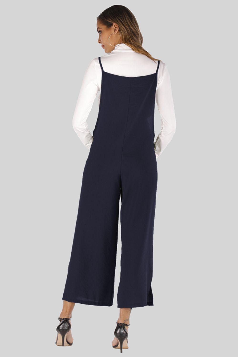 Full Size Cropped Wide Leg Overalls with Pockets - SteelBlue